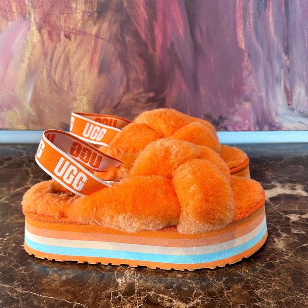 UGG Orange Fluff Yes Slide Platform Slippers